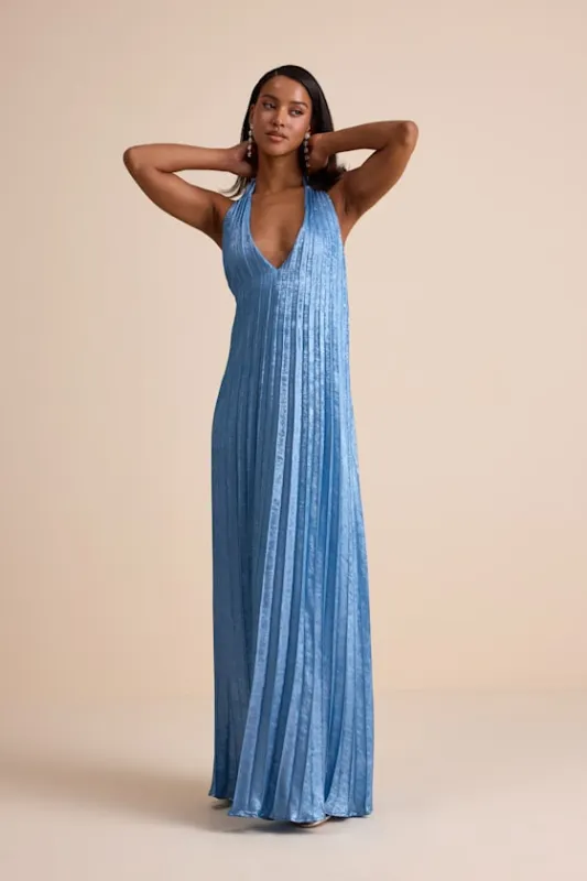 Gelsey Dusty Blue Pleated Halter Shift Maxi Dress sold by Lulus