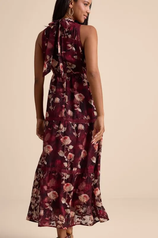 Etheline Burgundy Floral Lace Tiered Midi Dress sold by Lulus