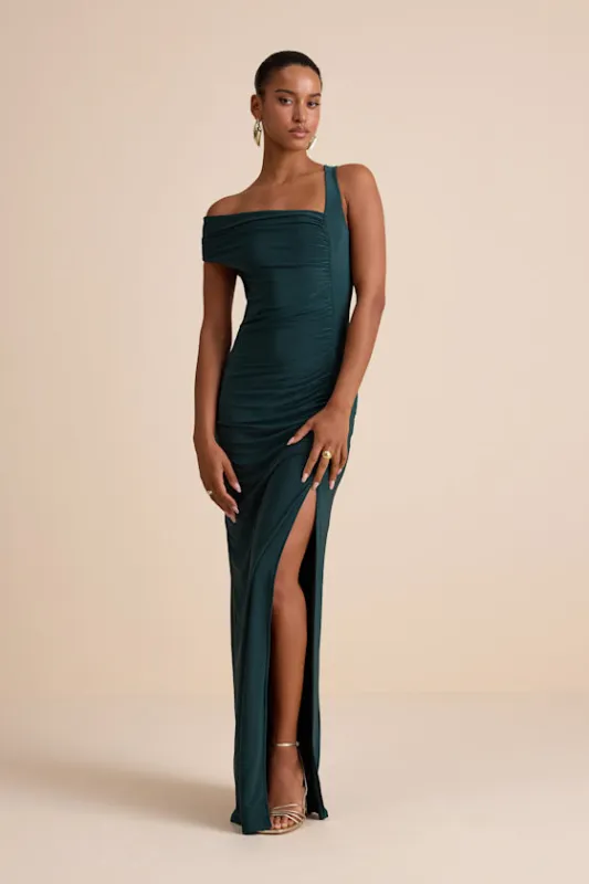 Josie Emerald Green Jersey Knit Ruched Maxi Dress sold by Lulus