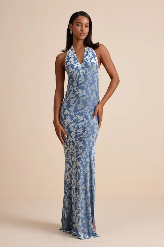 Sharon Slate Blue Velvet Burnout Halter Maxi Dress sold by Lulus