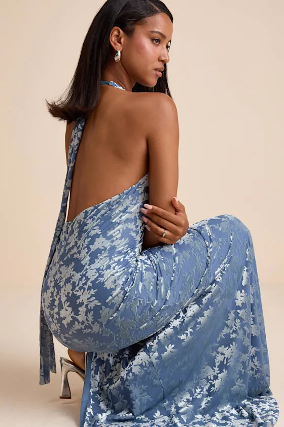 Sharon Slate Blue Velvet Burnout Halter Maxi Dress sold by Lulus product image thumbnail 2