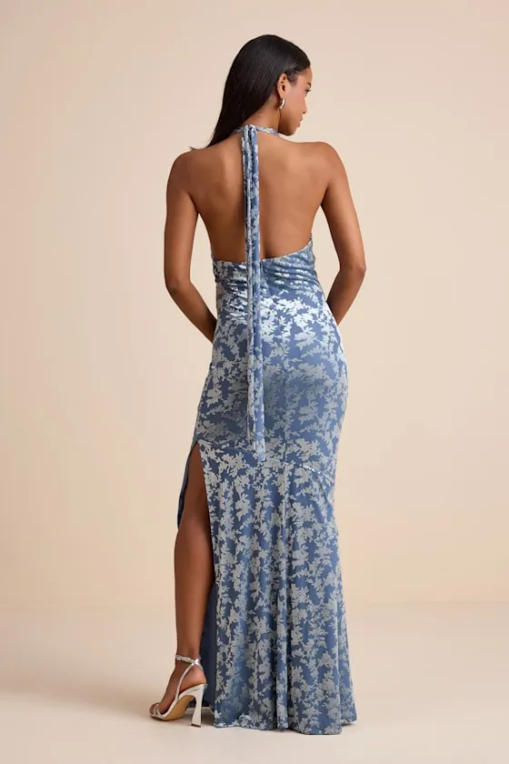Sharon Slate Blue Velvet Burnout Halter Maxi Dress sold by Lulus product image thumbnail 3