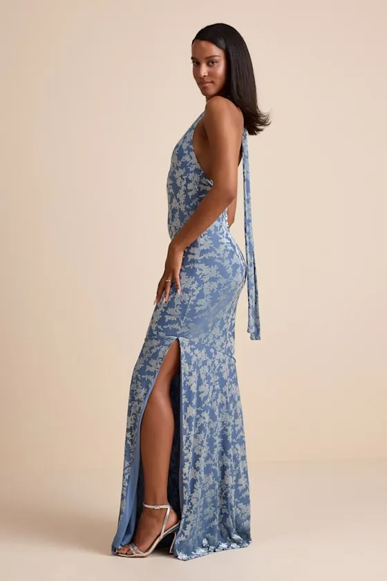 Sharon Slate Blue Velvet Burnout Halter Maxi Dress sold by Lulus product image thumbnail 4