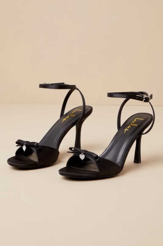 Caelum Black Satin Rhinestone Heart Charm Ankle Strap Heels made by Lulus