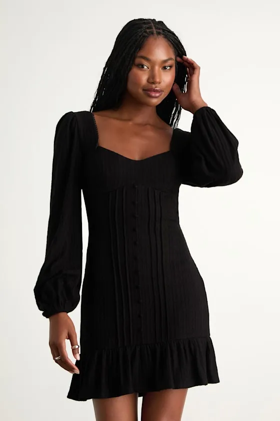 Coveted Sweetness Black Pointelle Knit Long Sleeve Mini Dress sold by Lulus