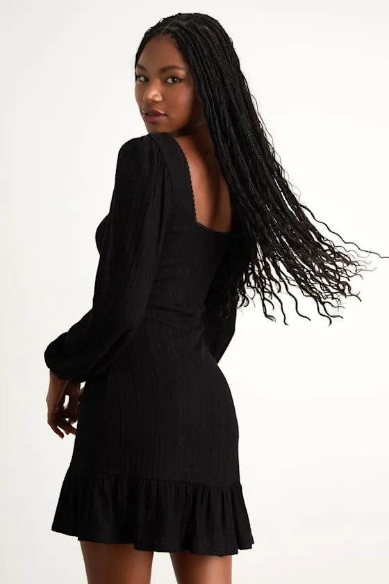 Coveted Sweetness Black Pointelle Knit Long Sleeve Mini Dress sold by Lulus product image thumbnail 3