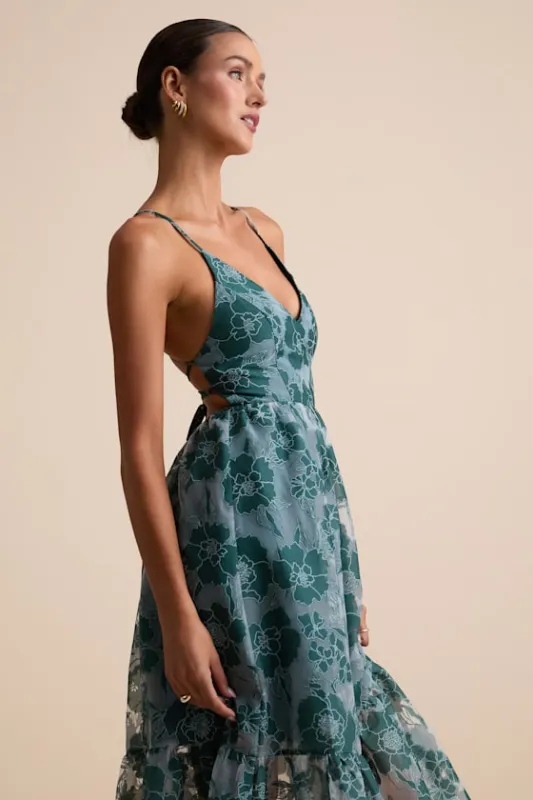 Feeling Like Forever Teal Jacquard Organza Lace-Up Midi Dress sold by Lulus
