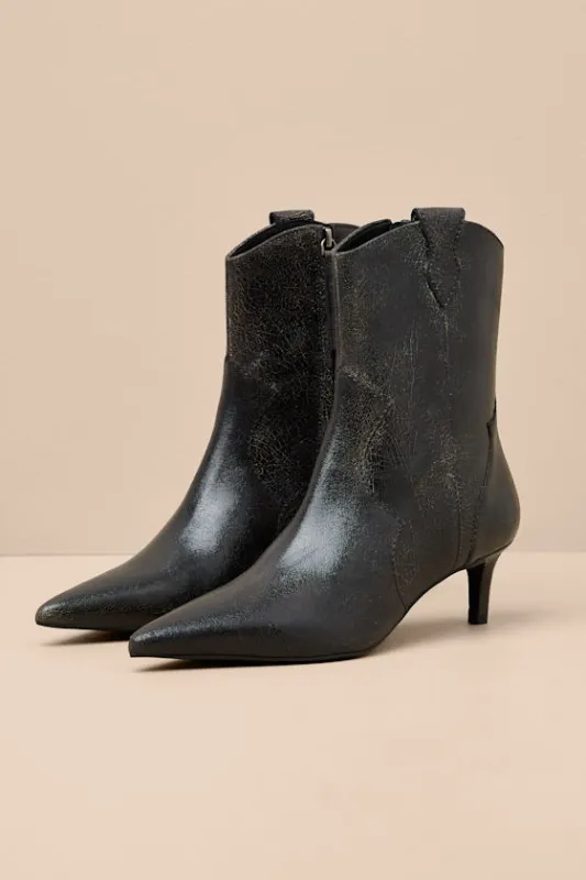 Dallas Black and Beige Leather Western Kitten Heel Booties sold by Lulus