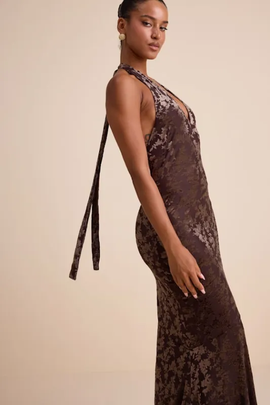 Sharon Brown Velvet Burnout Halter Maxi Dress sold by Lulus