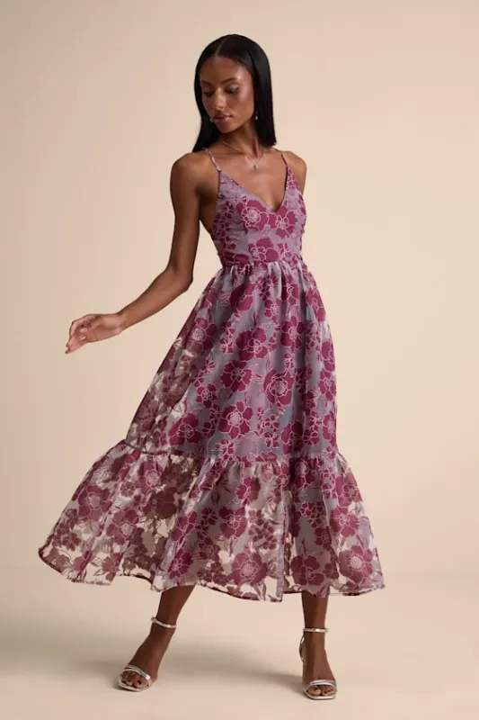Feeling Like Forever Plum Jacquard Organza Lace-Up Midi Dress sold by Lulus