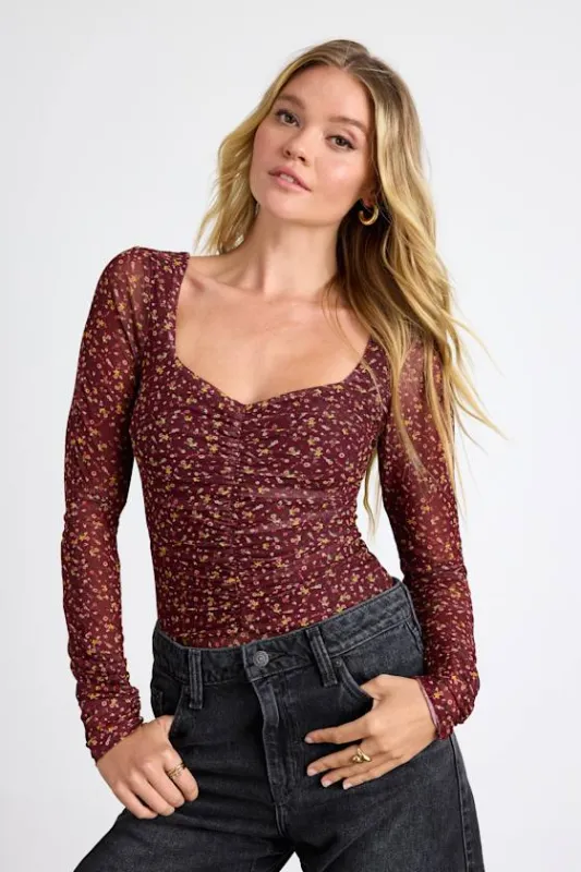 Adoring Desire Burgundy Floral Print Mesh Ruched Bodysuit sold by Lulus