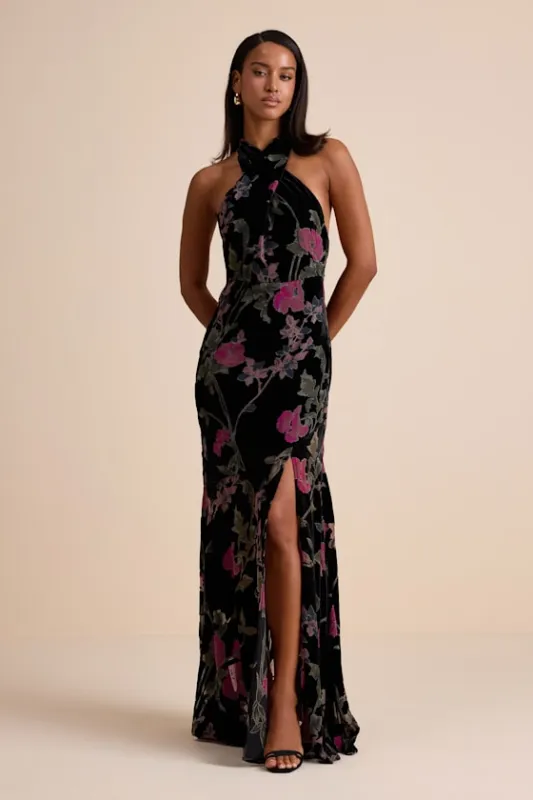 Flawlessly Gorgeous Black Burnout Floral Halter Maxi Dress sold by Lulus