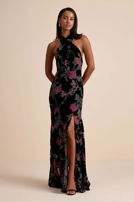 Flawlessly Gorgeous Black Burnout Floral Halter Maxi Dress sold by Lulus
