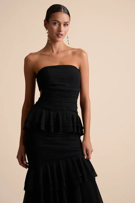 Loni Black Strapless Ruffled Maxi Dress sold by Lulus