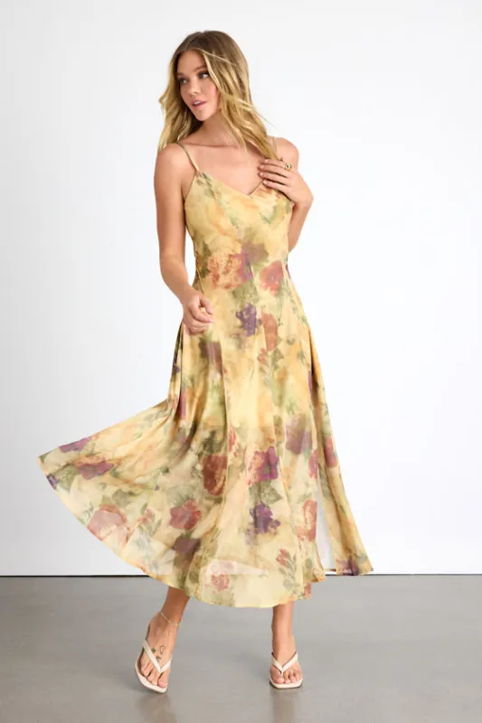 Euroa Yellow Abstract Floral Seamed Sleeveless Midi Dress sold by Lulus