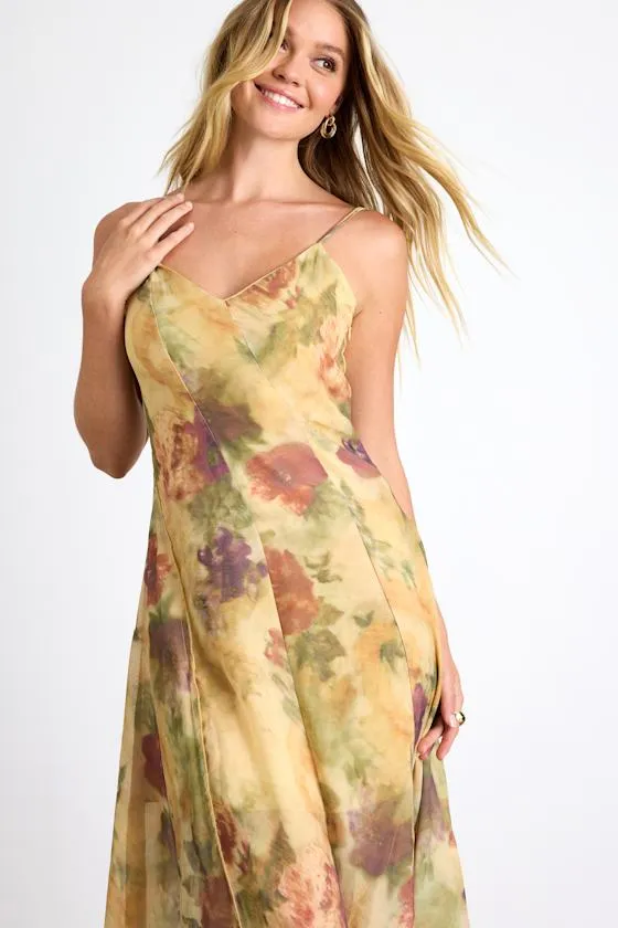Euroa Yellow Abstract Floral Seamed Sleeveless Midi Dress sold by Lulus product image thumbnail 2