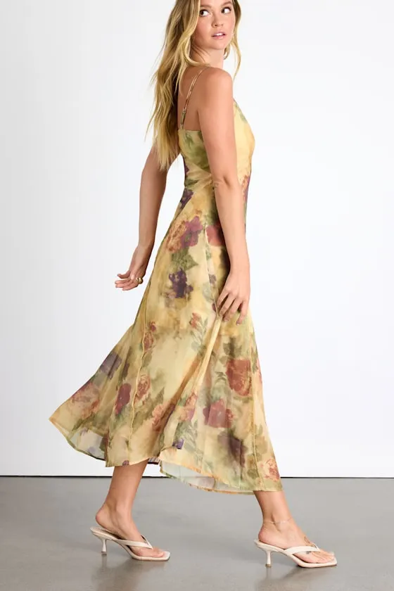 Euroa Yellow Abstract Floral Seamed Sleeveless Midi Dress sold by Lulus product image thumbnail 4