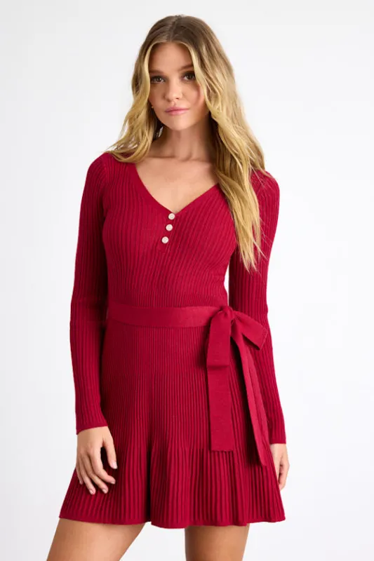 Cozy Poise Red Henley Long Sleeve Mini Sweater Dress sold by Lulus