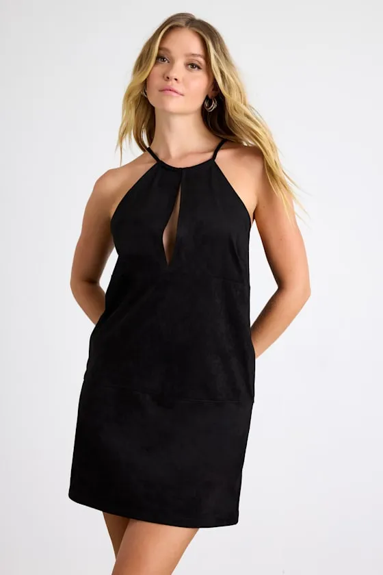 Westlynn Black Suede Cutout Shift Mini Dress sold by Lulus