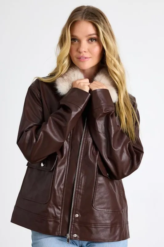 Soha Mahogany Brown Vegan Leather Faux Fur Jacket sold by Lulus