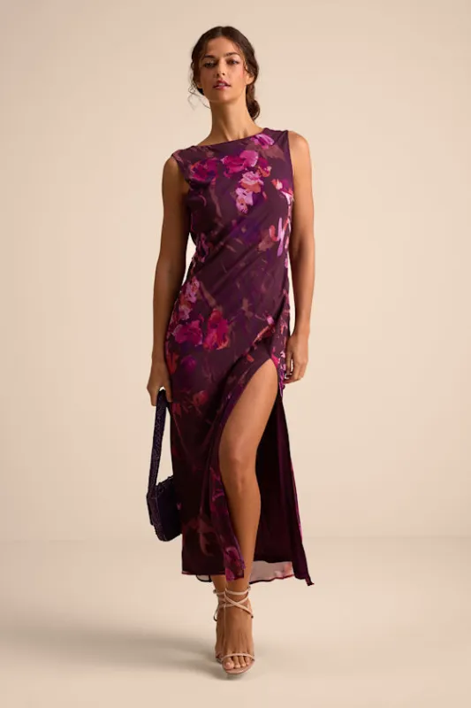 Yaneli Plum Floral Boat Neck Cowl Back Maxi Dress sold by Lulus