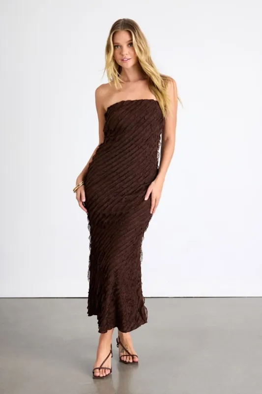 Faelyn Brown Strapless Ruffled Midi Dress sold by Lulus
