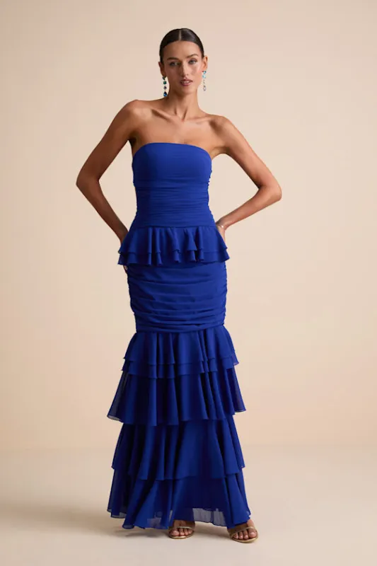 Loni Blue Strapless Ruffled Maxi Dress sold by Lulus