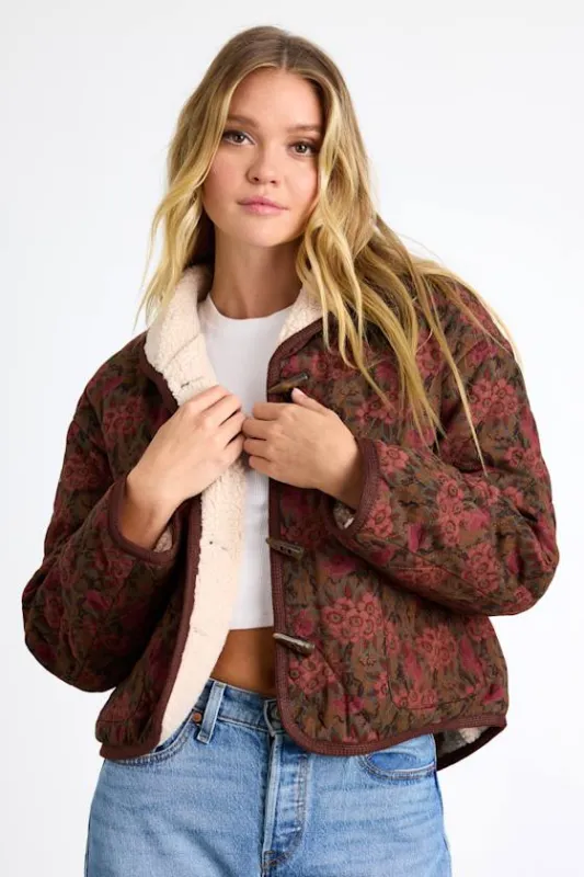 Loryn Brown and Burgundy Floral Shearling Toggle Jacket sold by Lulus