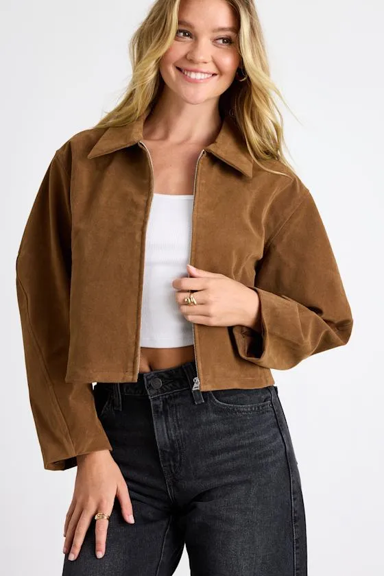 Leoline Light Brown Suede Collared Cropped Jacket sold by Lulus