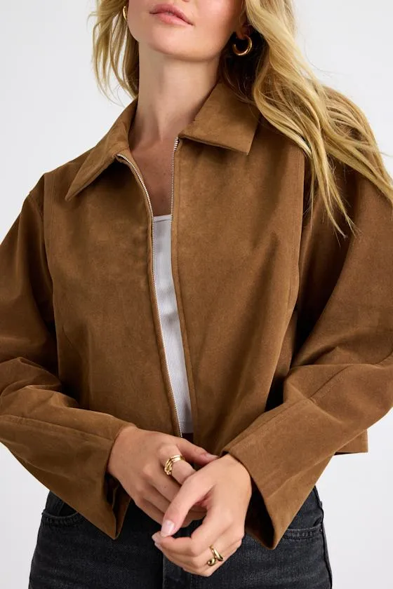 Leoline Light Brown Suede Collared Cropped Jacket sold by Lulus product image thumbnail 4