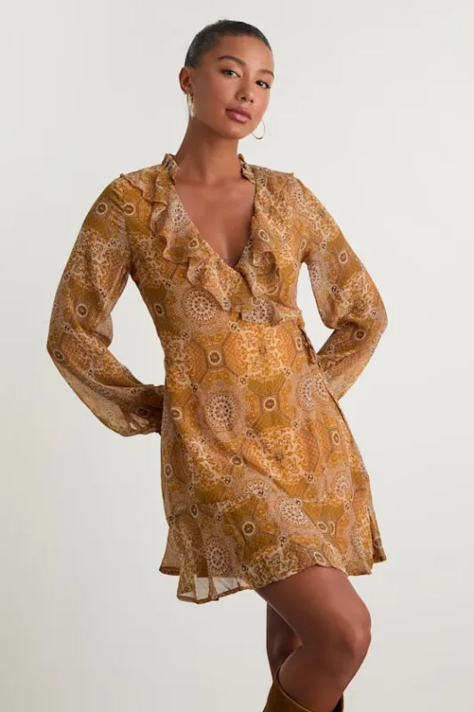 Claire Mustard Yellow Boho Print Wrap Mini Dress sold by Lulus