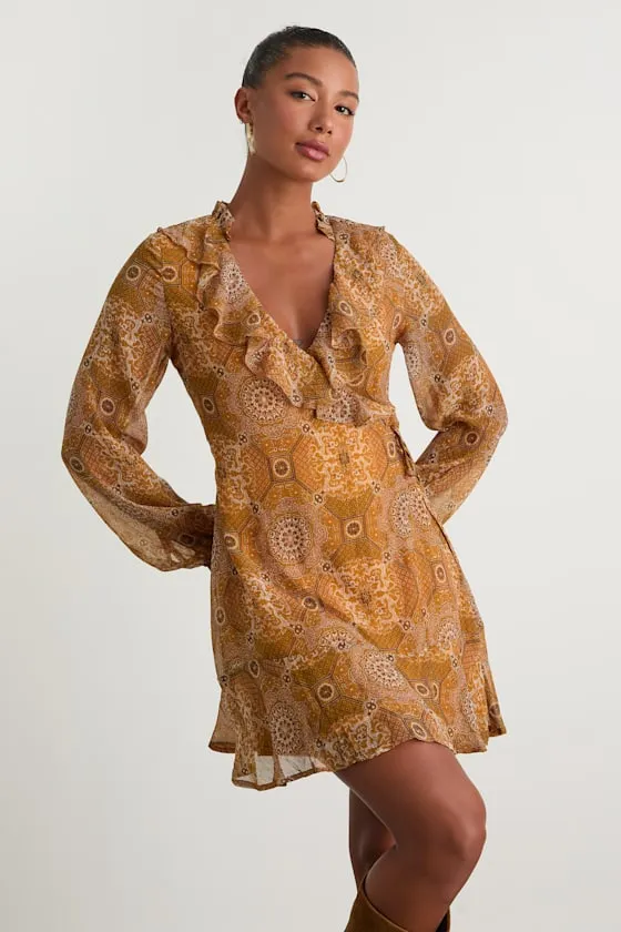 Claire Mustard Yellow Boho Print Wrap Mini Dress sold by Lulus