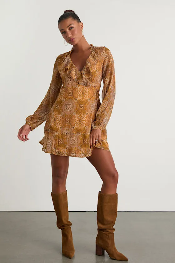 Claire Mustard Yellow Boho Print Wrap Mini Dress sold by Lulus product image thumbnail 4