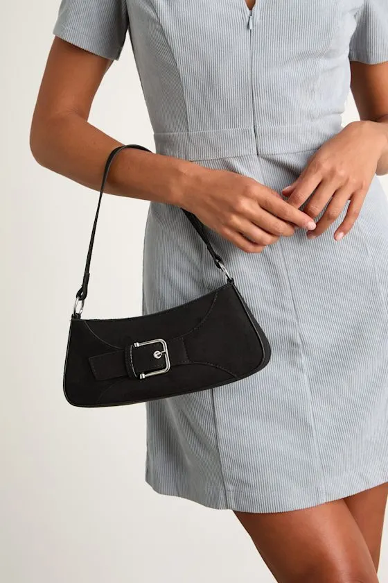 Basira Black Vegan Suede Buckle Shoulder Bag sold by Lulus