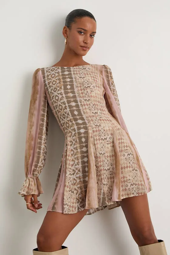 Kivah Pink and Taupe Boho Print Long Sleeve Mini Dress sold by Lulus product image thumbnail 2