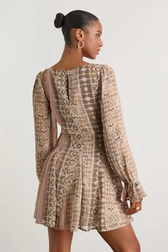 Kivah Pink and Taupe Boho Print Long Sleeve Mini Dress sold by Lulus product image thumbnail 3