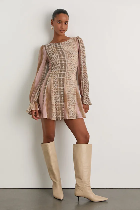 Kivah Pink and Taupe Boho Print Long Sleeve Mini Dress sold by Lulus product image thumbnail 4