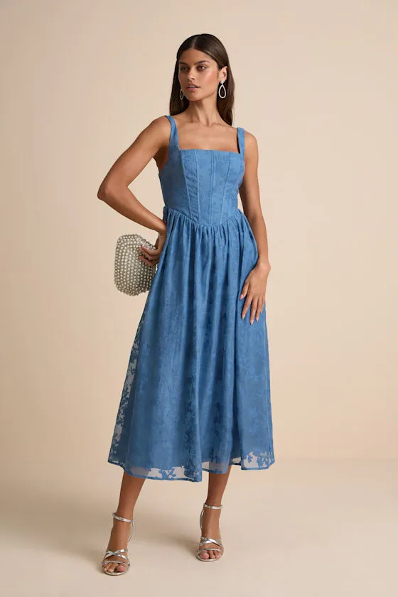 Colwyn Blue Floral Jacquard Bustier Midi Dress sold by Lulus