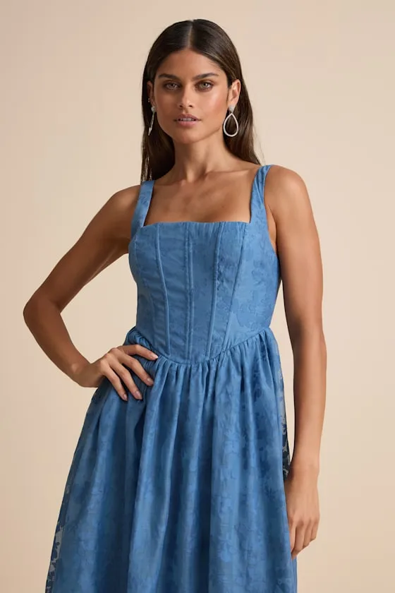 Colwyn Blue Floral Jacquard Bustier Midi Dress sold by Lulus product image thumbnail 2