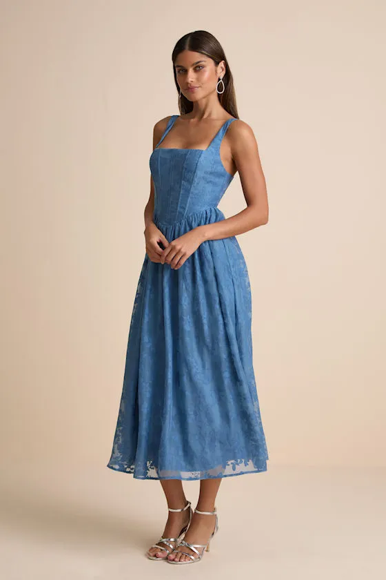 Colwyn Blue Floral Jacquard Bustier Midi Dress sold by Lulus product image thumbnail 4