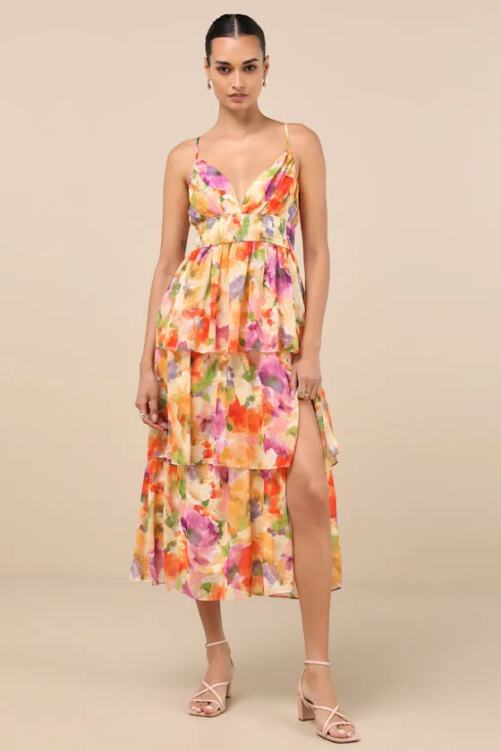 Olesia Yellow Abstract Floral Print Tiered Midi Dress sold by Lulus