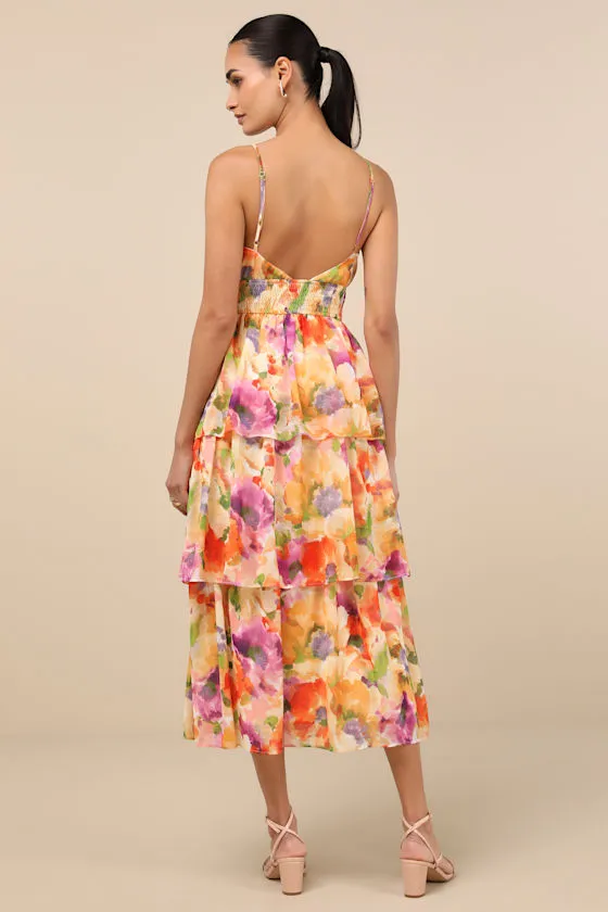 Olesia Yellow Abstract Floral Print Tiered Midi Dress sold by Lulus product image thumbnail 3