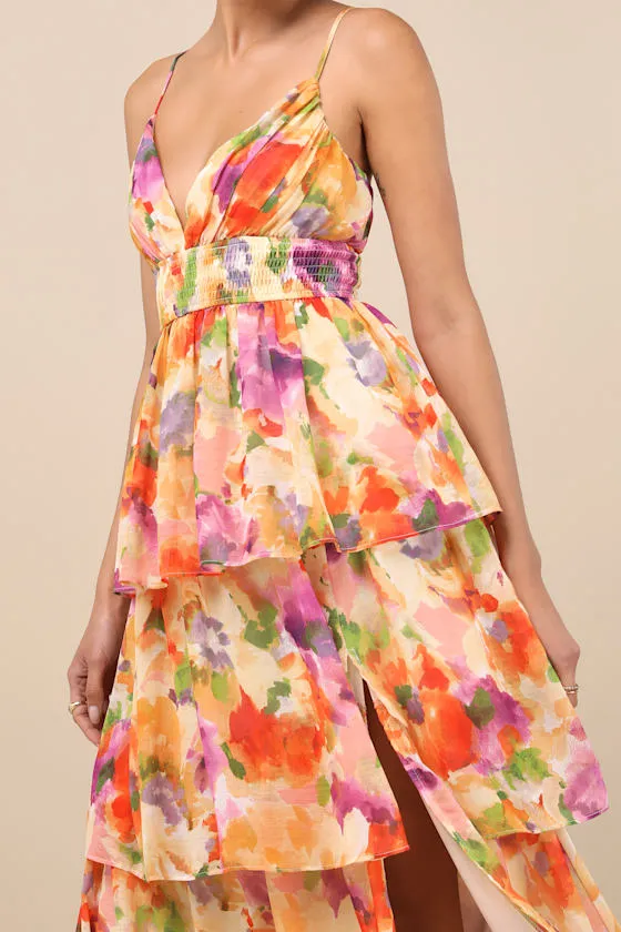 Olesia Yellow Abstract Floral Print Tiered Midi Dress sold by Lulus product image thumbnail 4