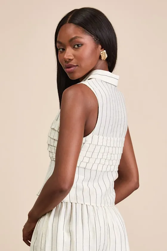 Clarette Light Beige Striped Pleated Collared Top sold by Lulus product image thumbnail 2