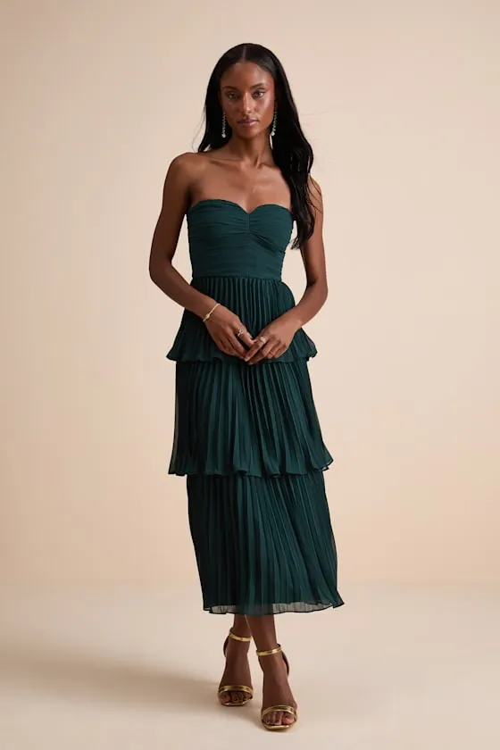 Seriously Sensational Emerald Strapless Tiered Midi Dress sold by Lulus