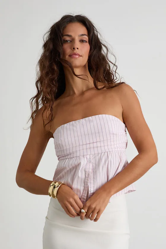 Natalie Pink Pinstripe Strapless Peplum Top sold by Lulus