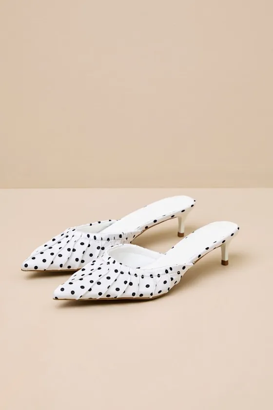Baleia White Polka Dot Satin Kitten Heel Mule Pumps sold by Lulus