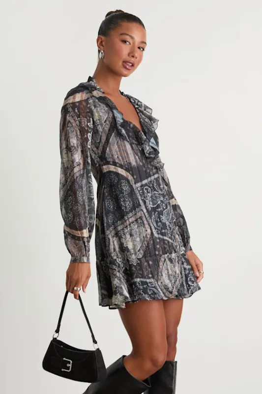 Claire Dark Navy Boho Print Wrap Mini Dress sold by Lulus