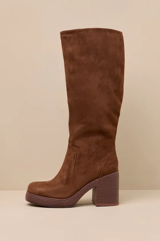 Go Girl Brown Suede Platform Knee High Boots sold by Lulus