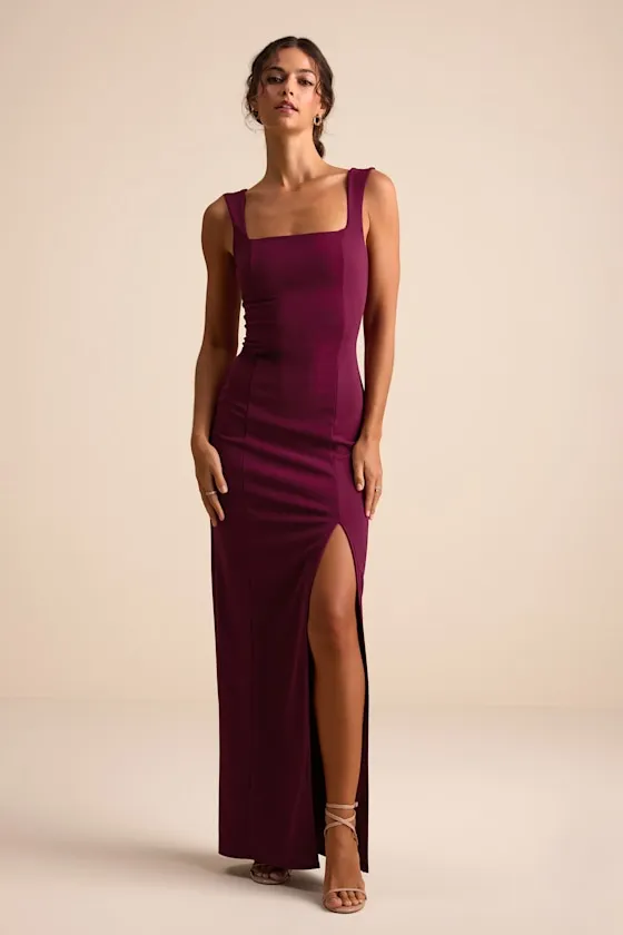 Inspiring Allure Burgundy Square Neck Column Maxi Dress sold by Lulus